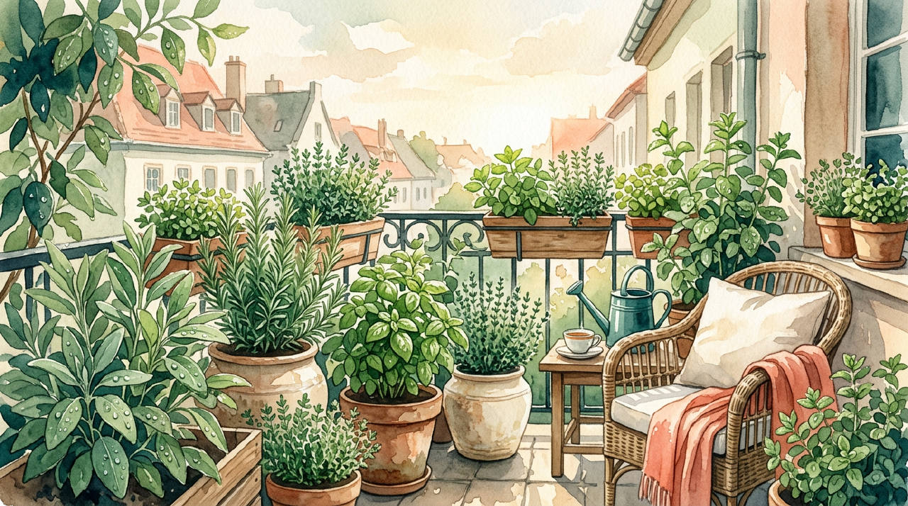 Balcony garden with herbs and sunlight, dew drops, warm green watercolor