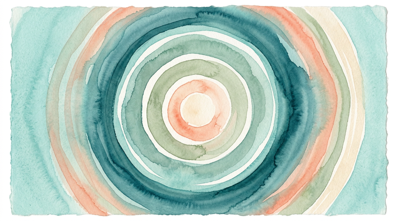 Abstract watercolor of gentle concentric waves radiating outward on soft aqua background, minimalist and calming