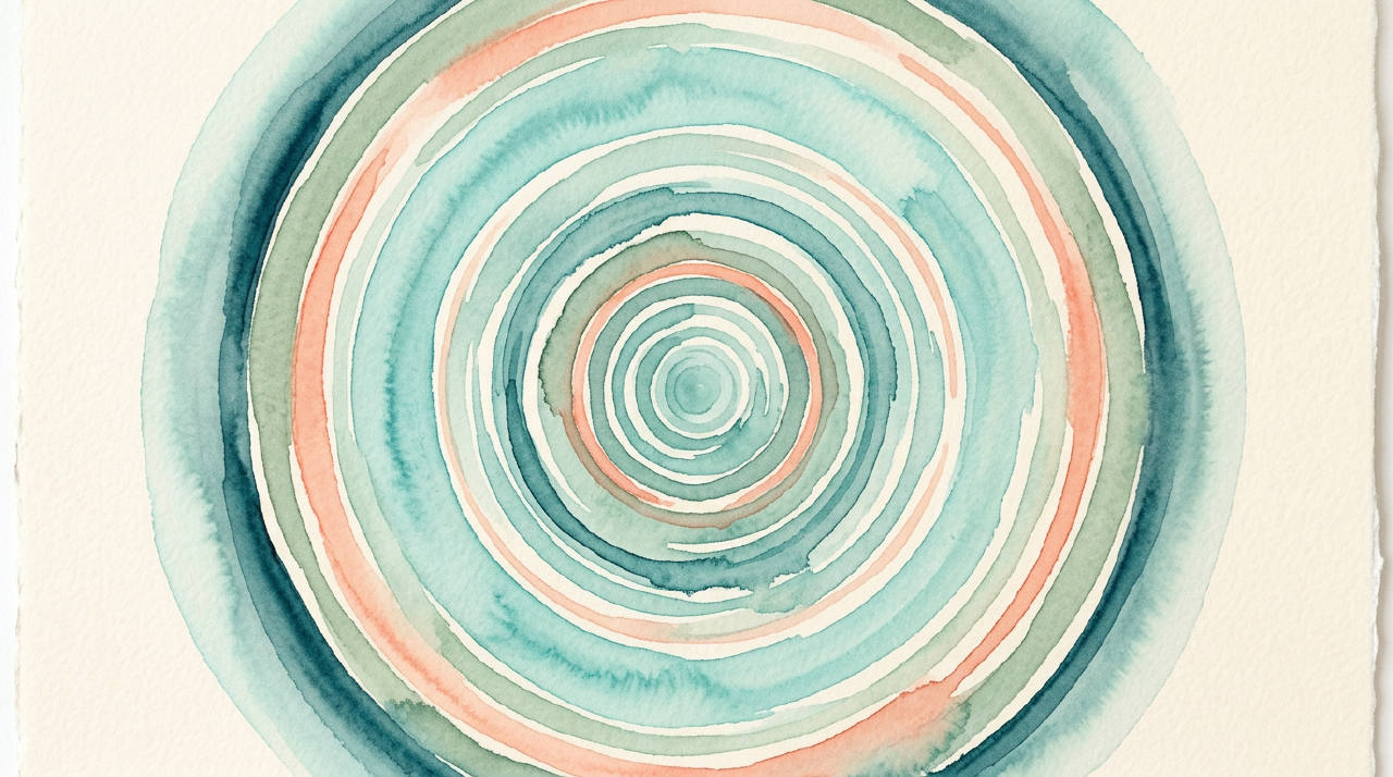 Abstract watercolor of concentric aqua ripples on cream, minimalist