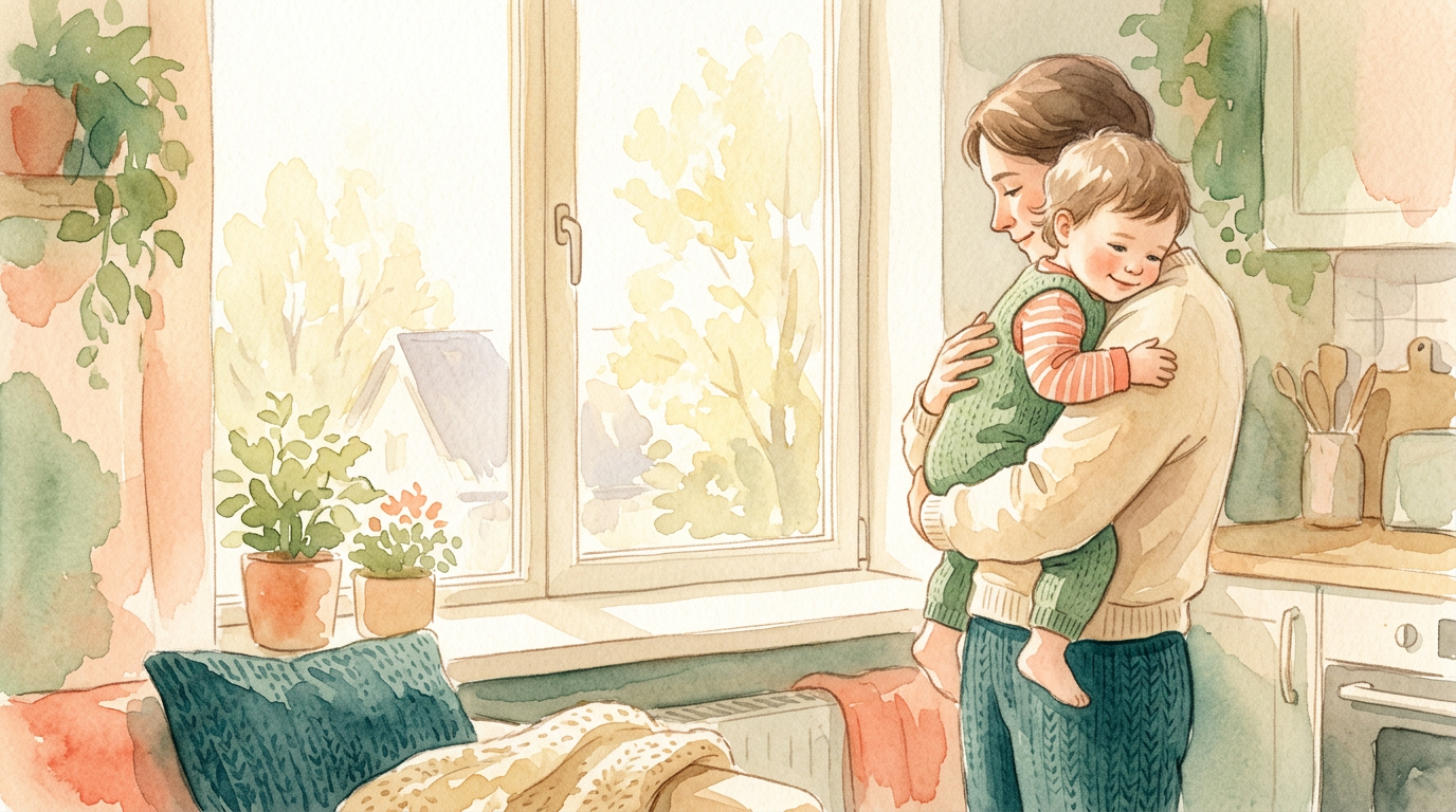 Parent holding child by a window with warm morning light, gentle watercolor