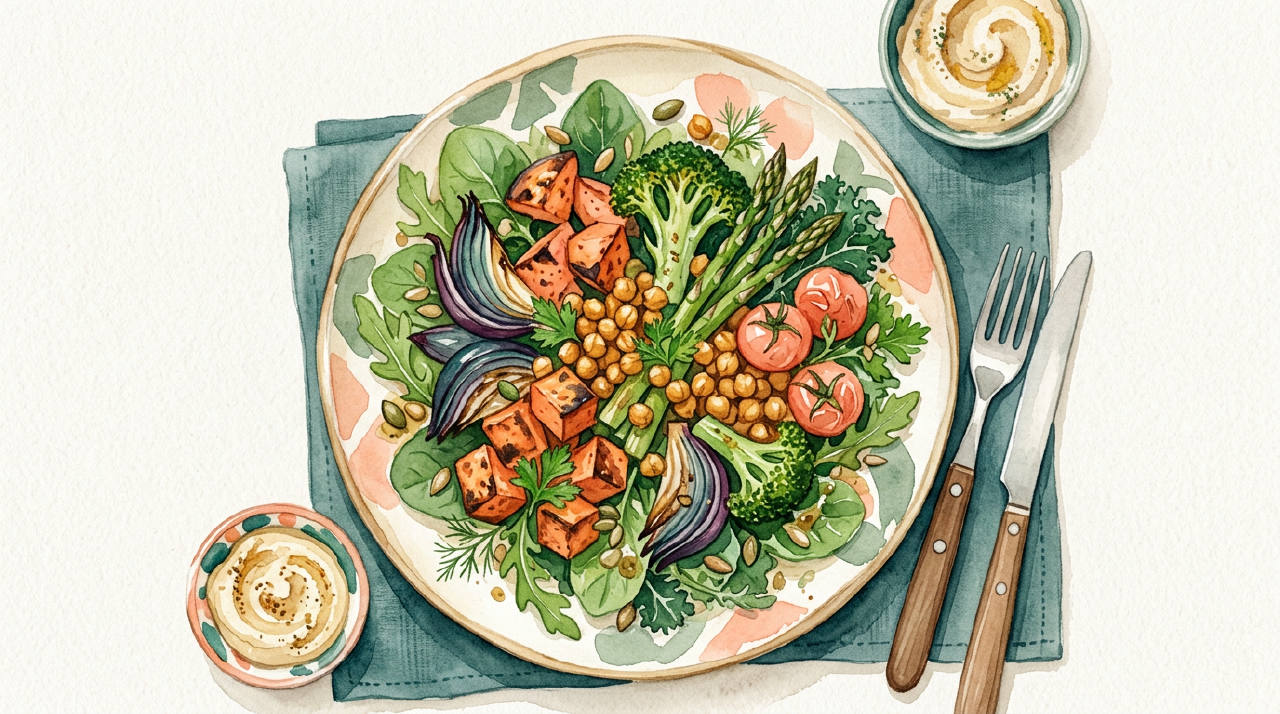 Overhead plate of colorful roasted vegetables, chickpeas and greens, warm watercolor