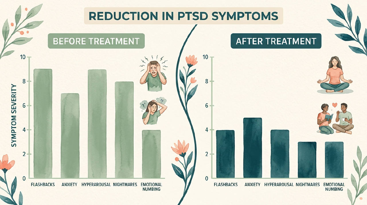 نمودار مقایسهای ساده قبل و بعد از درمان برای علائم PTSD، با رنگهای آرامشبخش