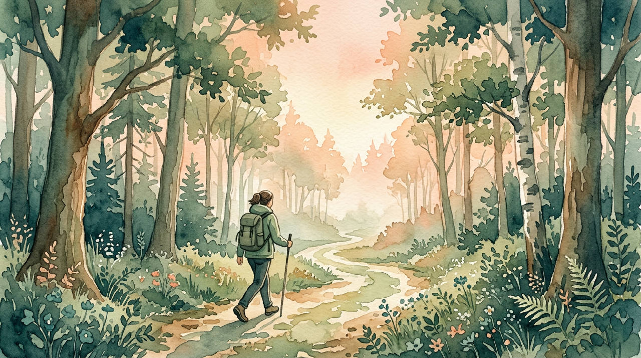 Person walking on forest path at dawn, warm green watercolor