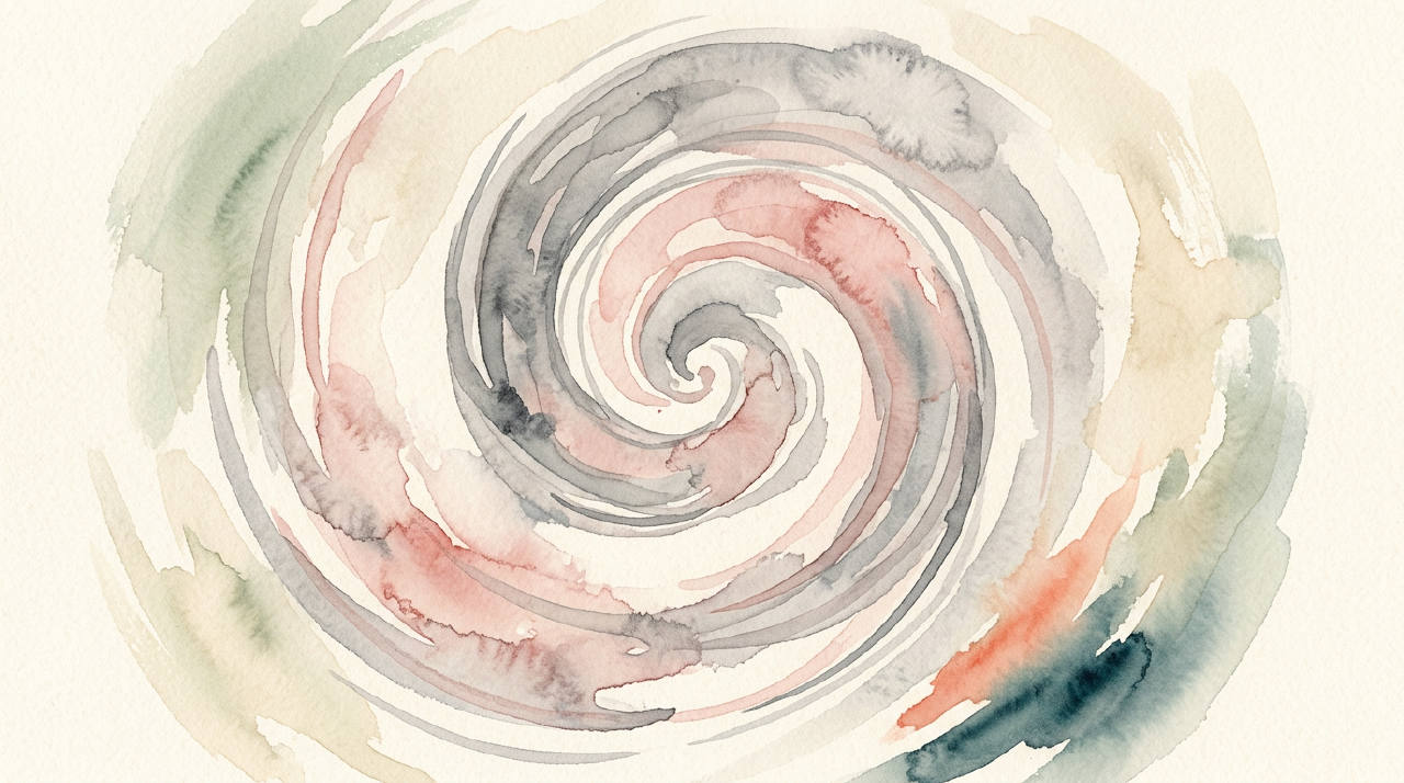 Abstract spiral in soft grey and rose on cream, watercolor
