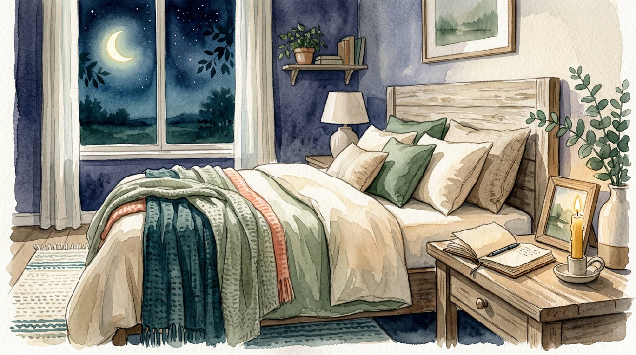 Serene moonlit bedroom, soft linen, small notebook and candle, muted indigo and cream watercolor