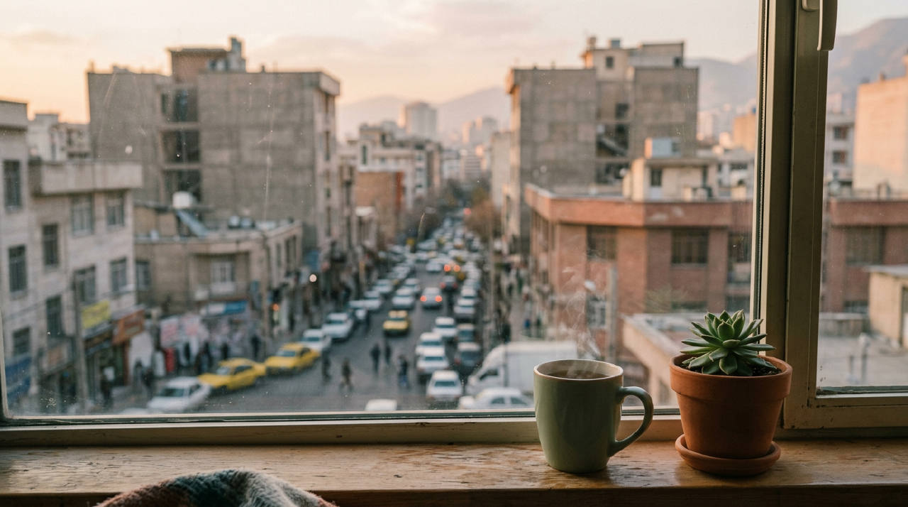 نمایی از پنجره یک آپارتمان در تهران که شلوغی شهر را در دوردست نشان می‌دهد و در پیش‌زمینه یک فنجان چای و یک گلدان کوچک روی طاقچه قرار دارد.