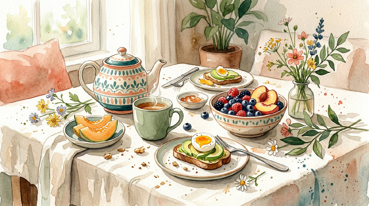 Long slow breakfast on a linen table with fruit and tea, morning sunlight, watercolor