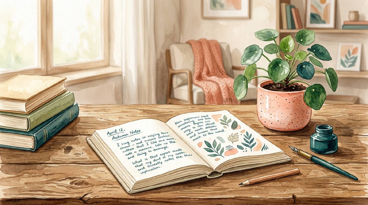 Wooden desk with plant and open book in warm light, watercolor