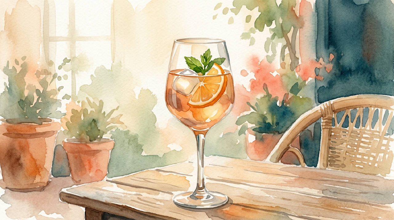Mocktail glass in warm evening light, muted amber watercolor