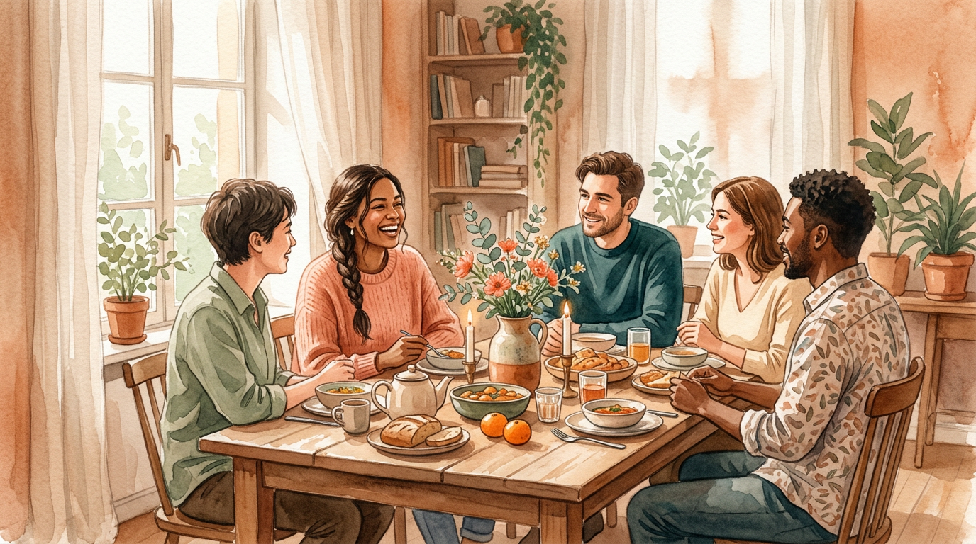 Warm small gathering with soft focus, dusty orange watercolor