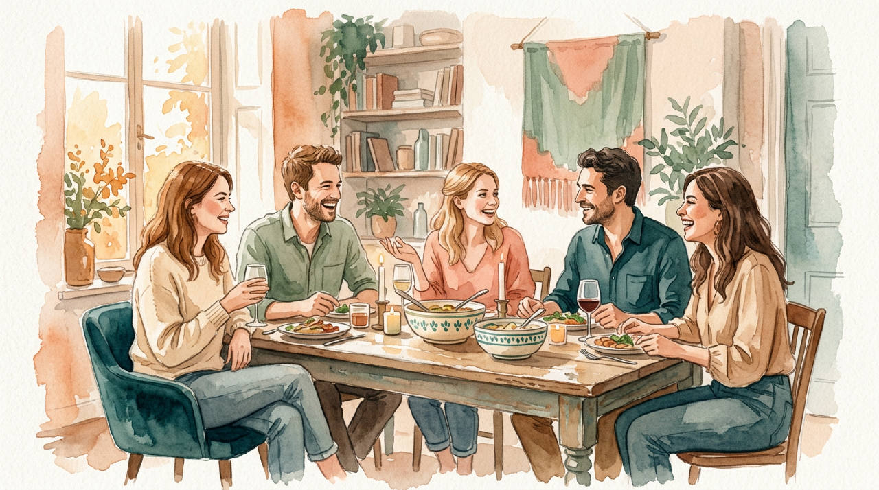 Warm small gathering with soft focus, dusty orange watercolor