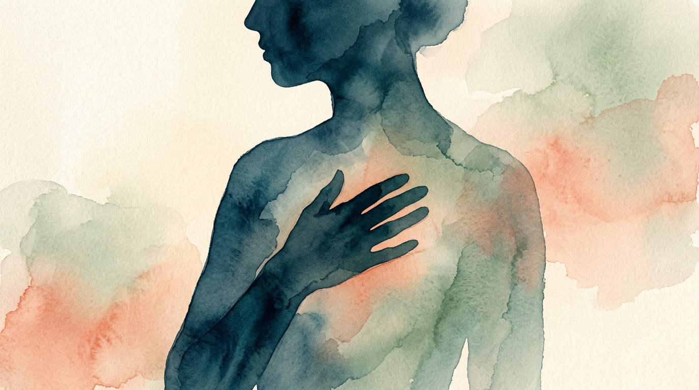 Hand on chest silhouette, soft warm watercolor