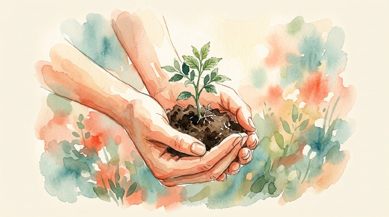 A hand cradling a small green sapling with earth in warm morning light, editorial watercolor