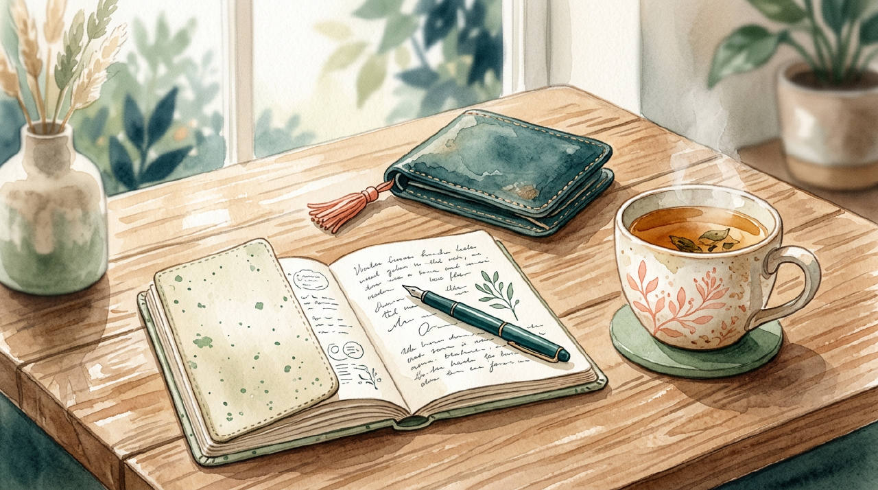 Wallet, notebook and calm tea on desk, watercolor