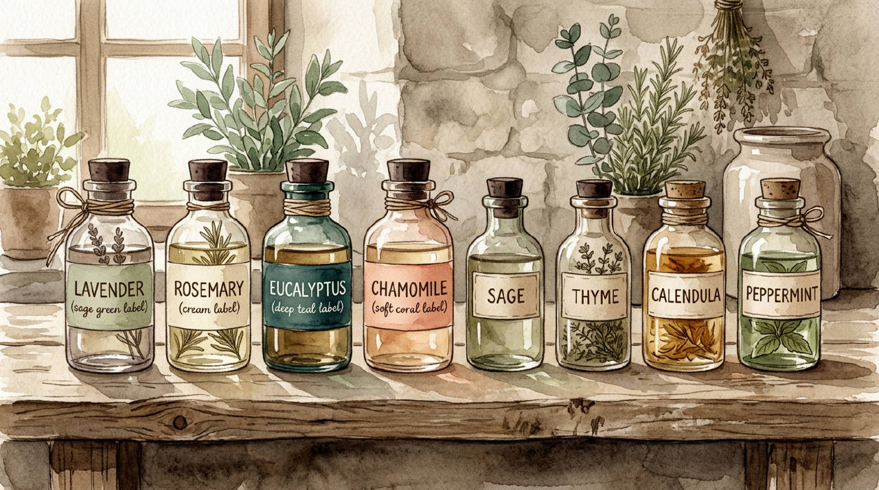 Row of small labeled bottles on wooden shelf, sepia watercolor