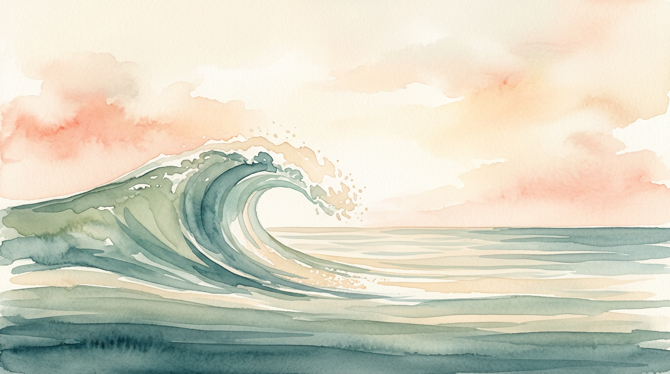 Gentle wave curling under a soft cream sky, minimalist watercolor