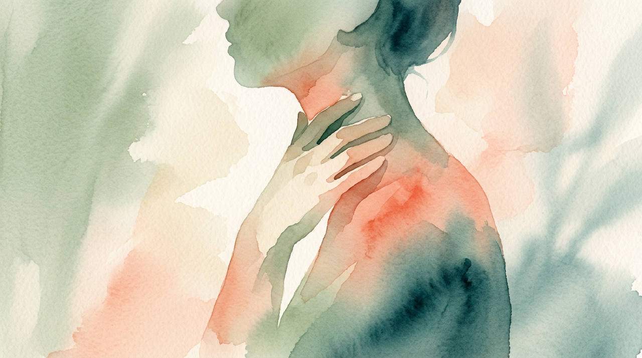 Hand on throat silhouette in soft light, watercolor