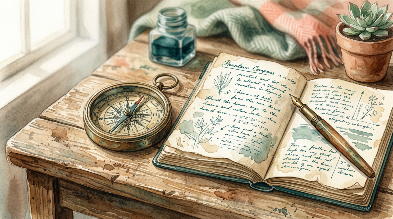 Old compass on a wooden desk beside an open journal, warm sepia watercolor