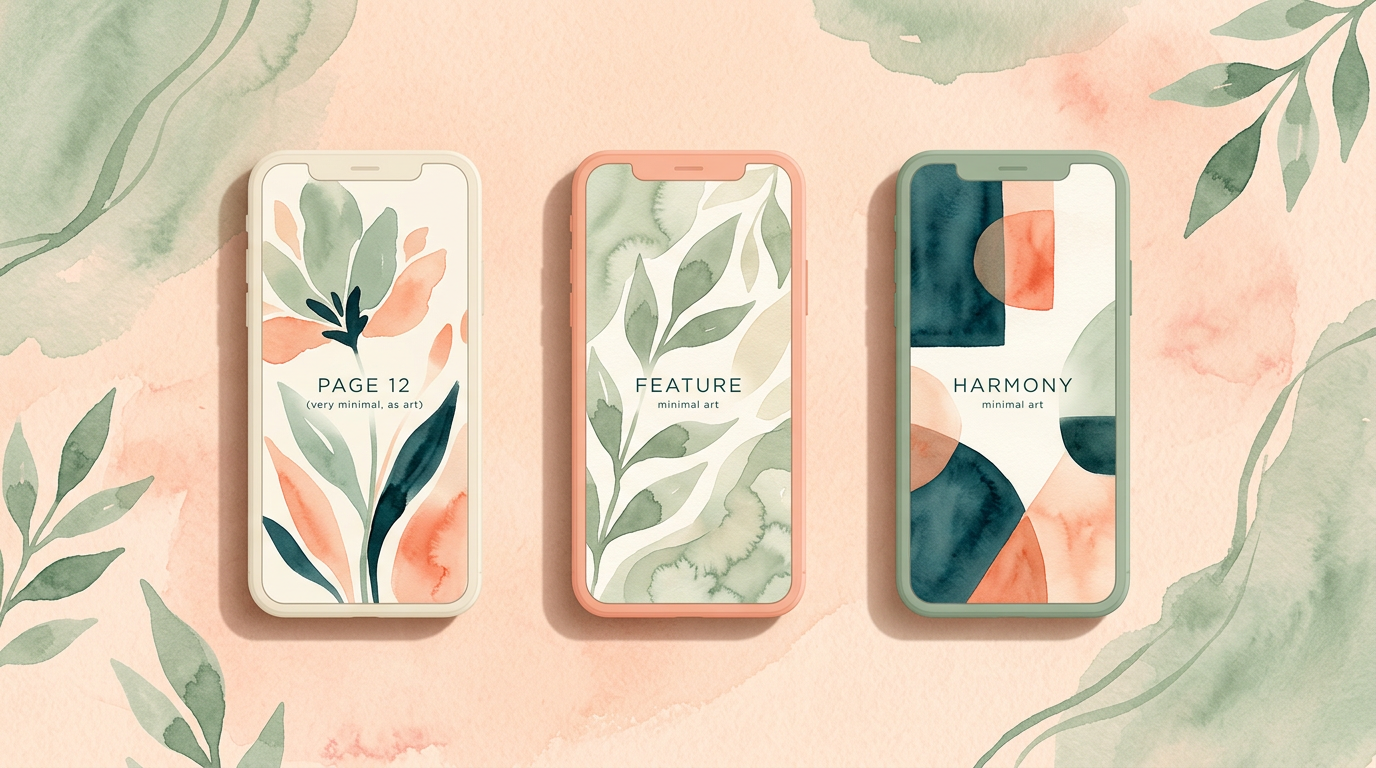 Three phone mockups on peach with soft shadows, sage watercolor