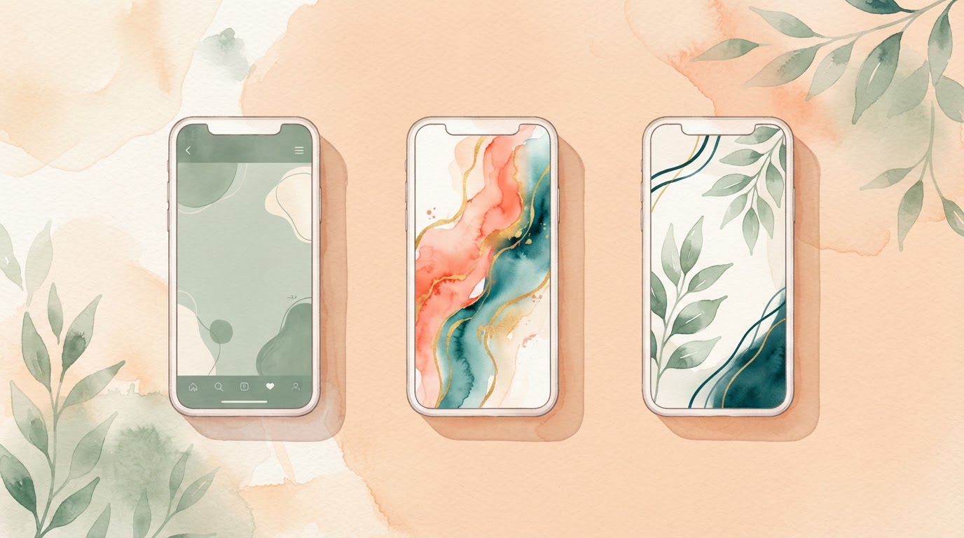 Three phone mockups on peach with soft shadows, sage watercolor