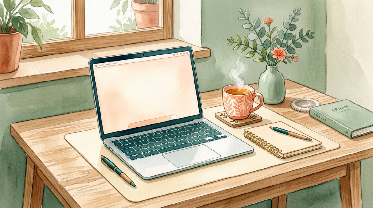 Clean desk with laptop and warm tea, watercolor