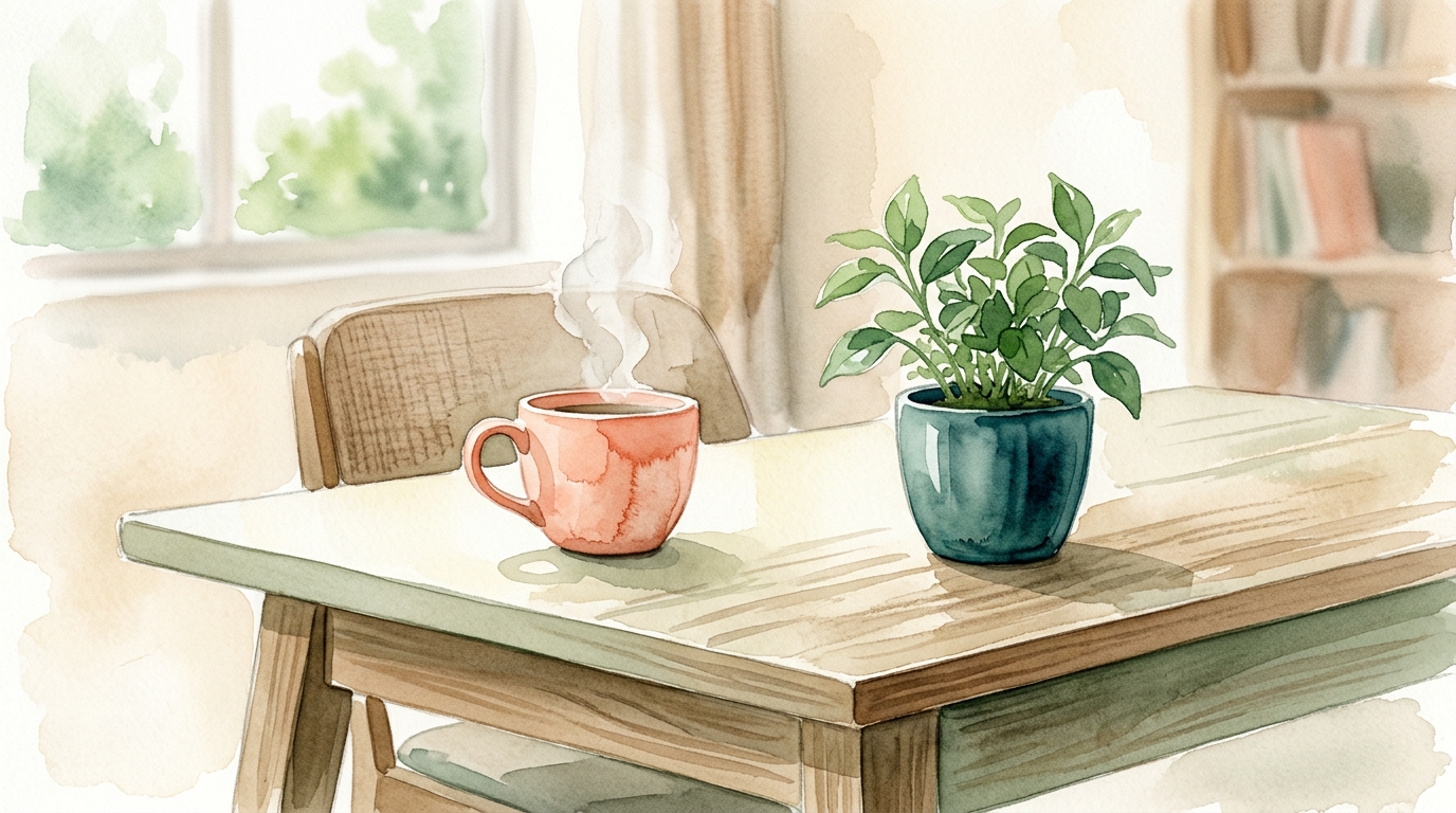 Empty modern desk with coffee cup and small plant, soft office light watercolor