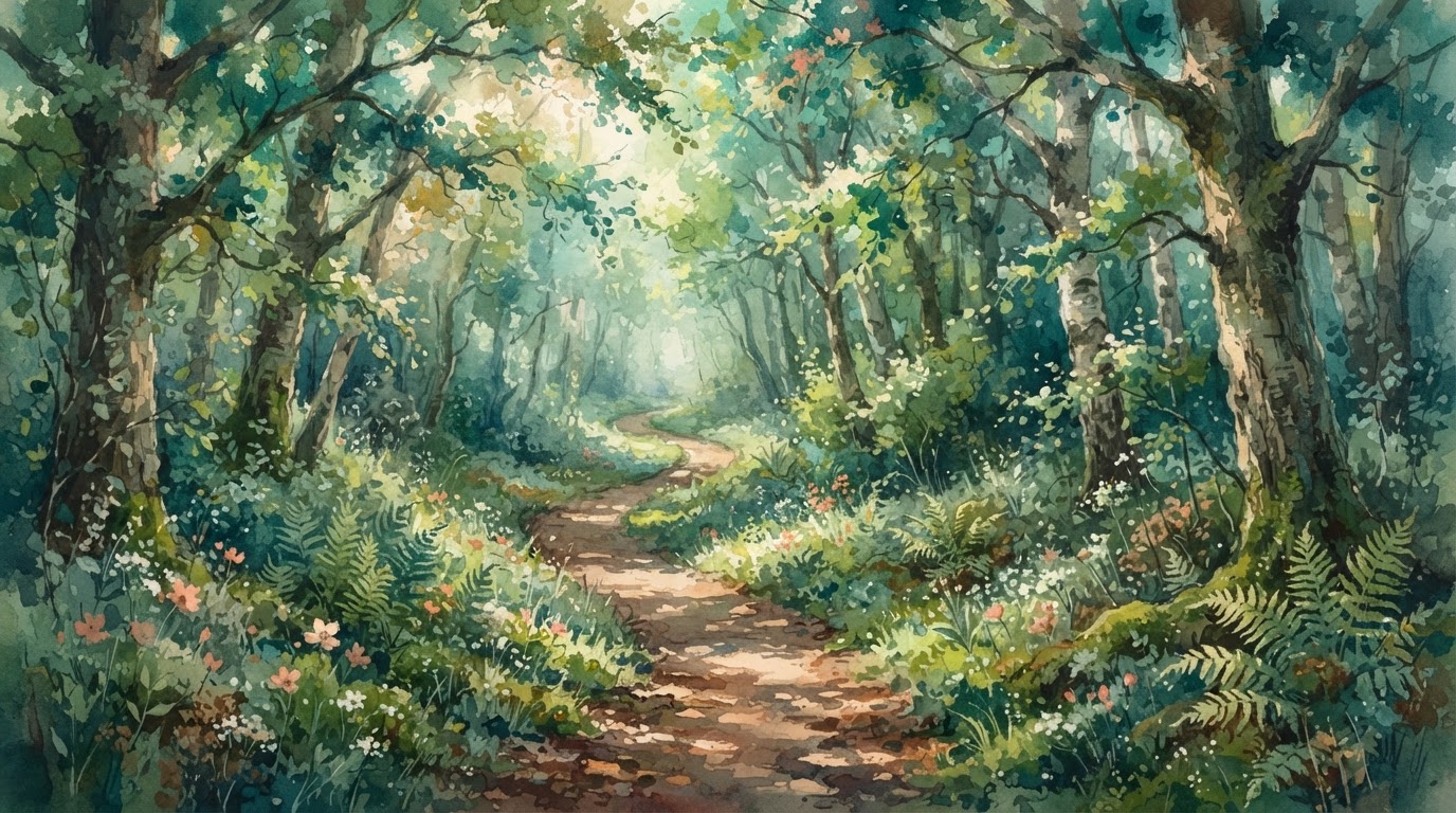 Un sentier forestier baigné de lumière, symbolisant le cheminement
