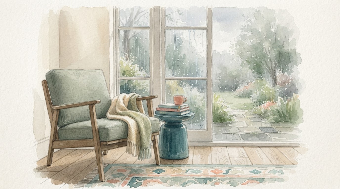 Empty chair by a window with soft rain, muted grey watercolor