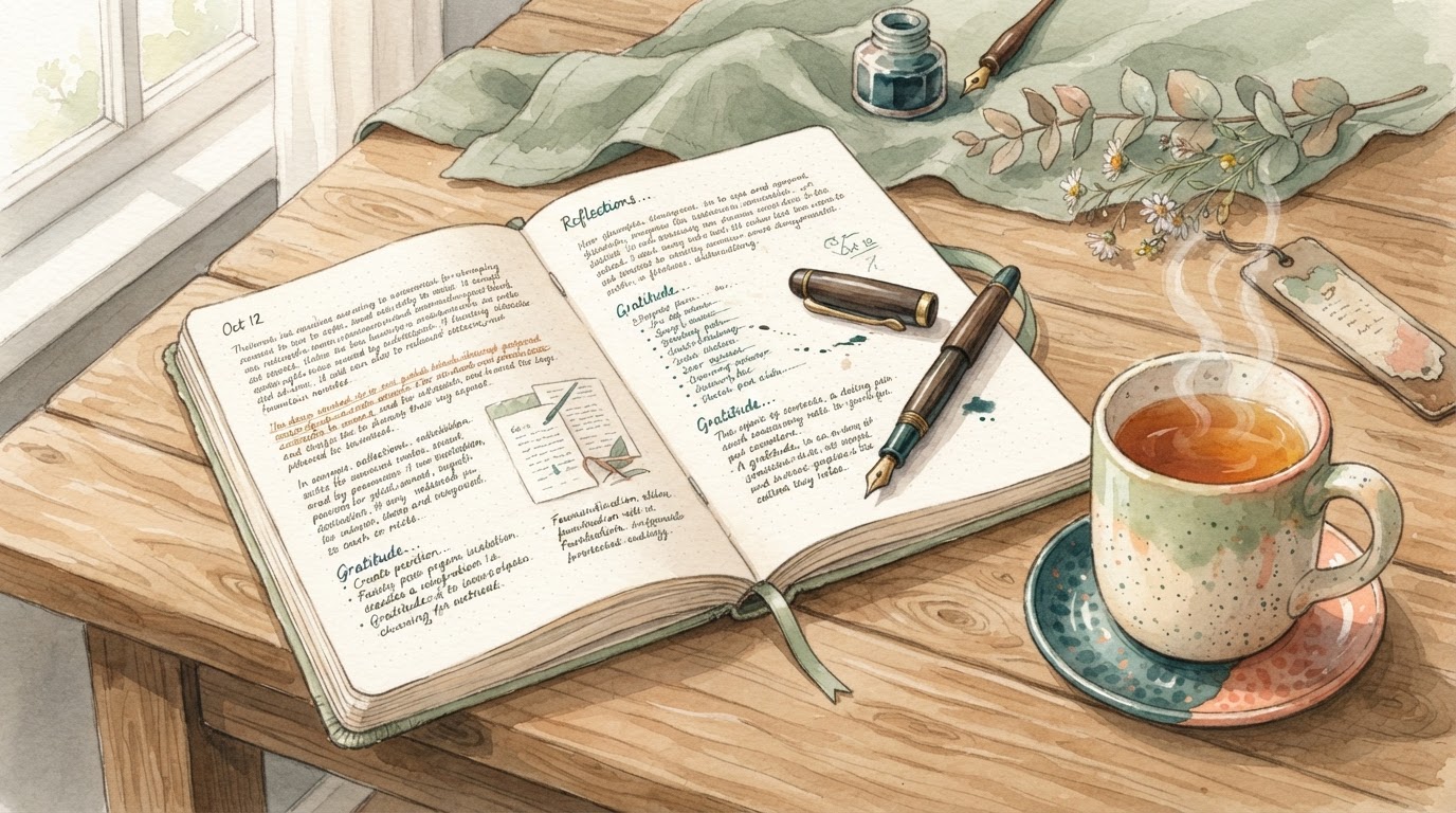 Un carnet ouvert avec des notes manuscrites et une tasse de thé fumante