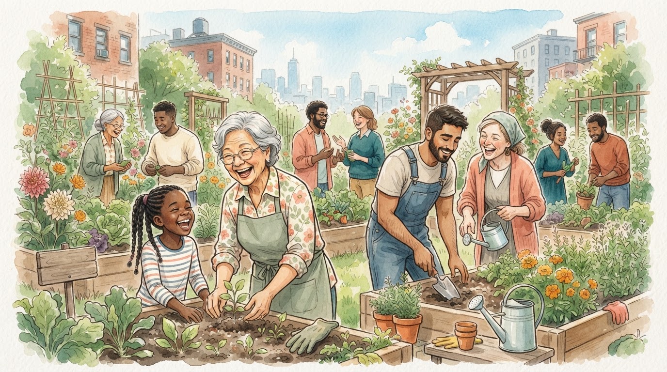 Un groupe diversifié de personnes riant et travaillant ensemble dans un jardin communautaire urbain ensoleillé.