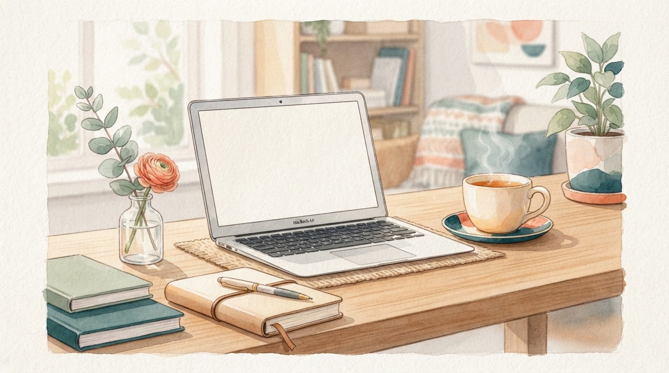 Open notebook with coins and calm tea, muted green watercolor