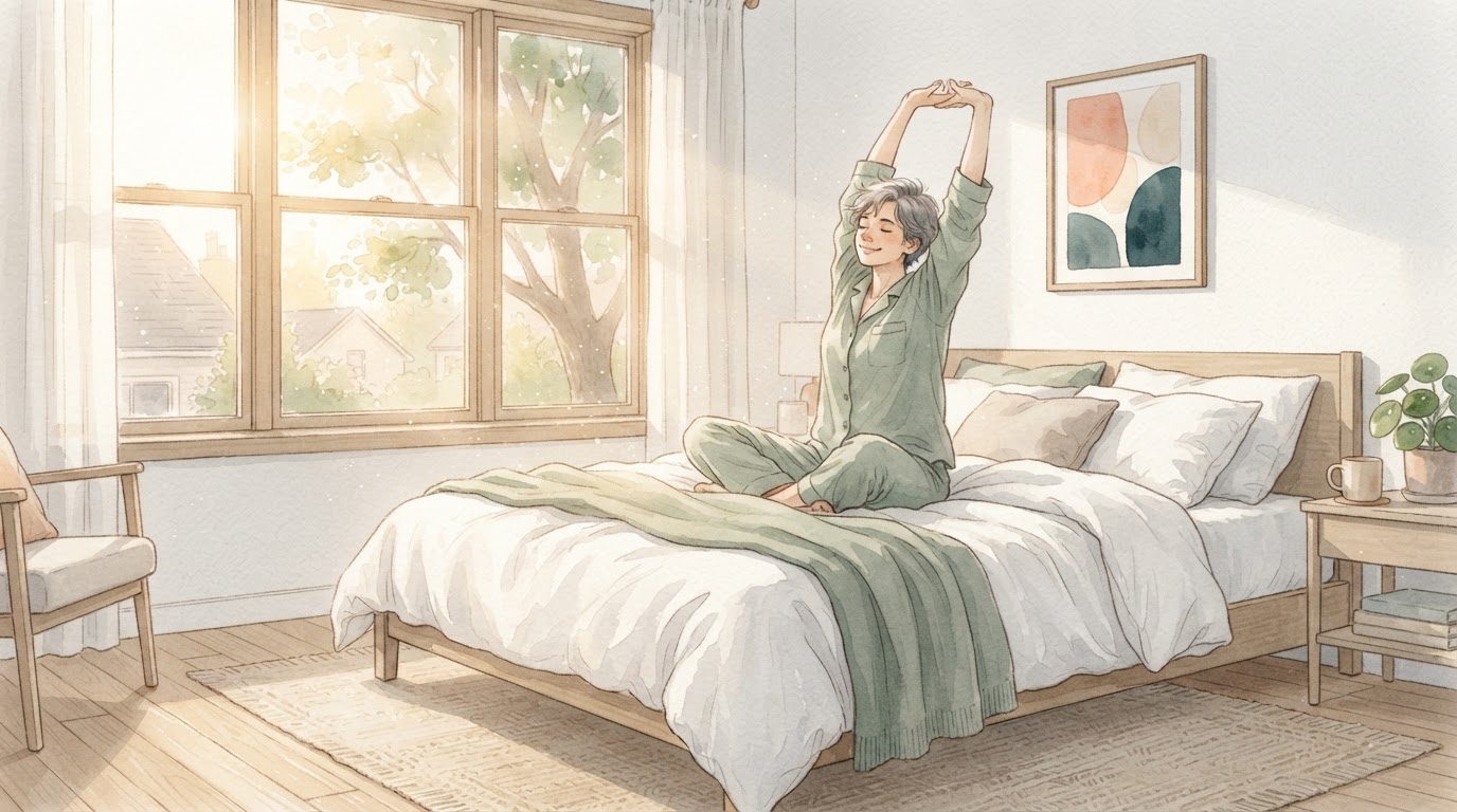 Une personne s'étirant paisiblement au lit avec la lumière du soleil entrant par la fenêtre