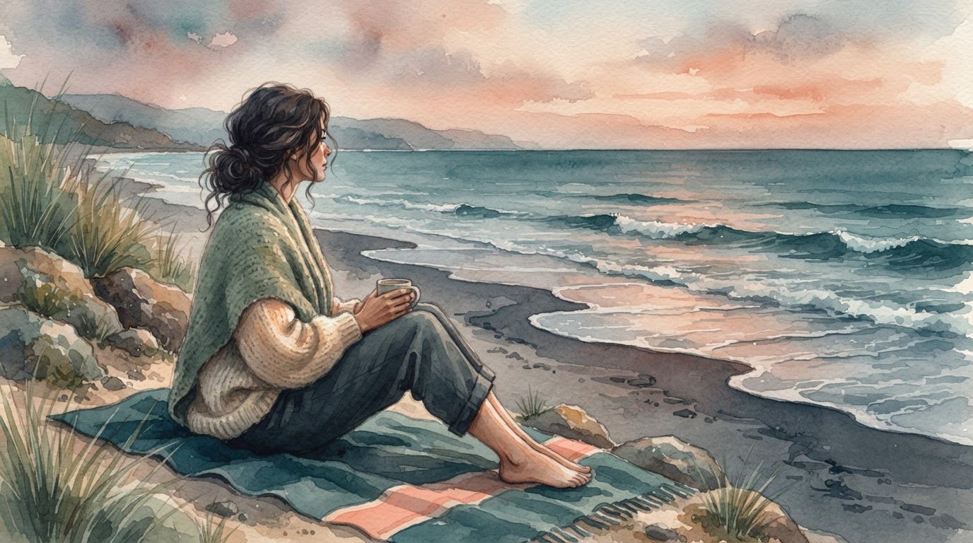 Une femme assise au crépuscule observant des vagues qui se retirent