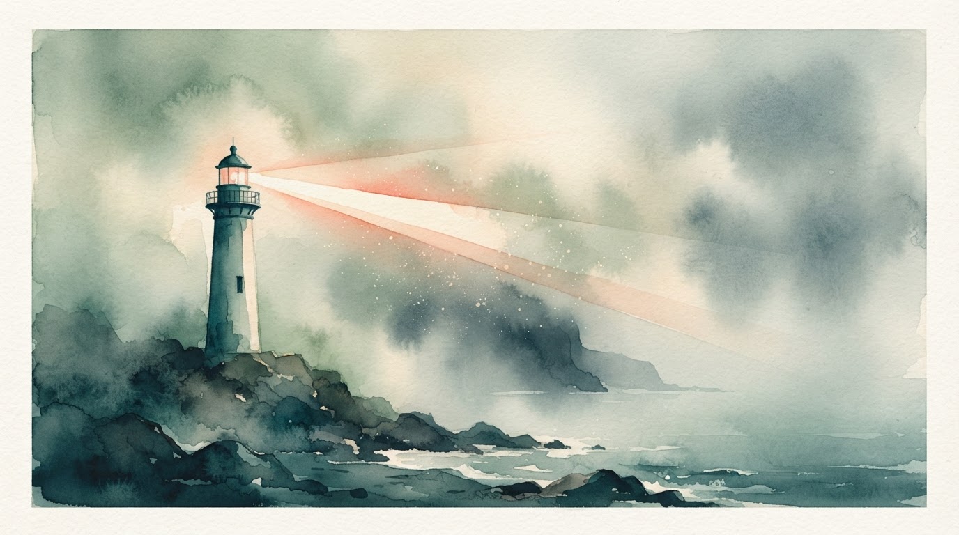 Un schéma métaphorique montrant un phare guidant un bateau à travers le brouillard