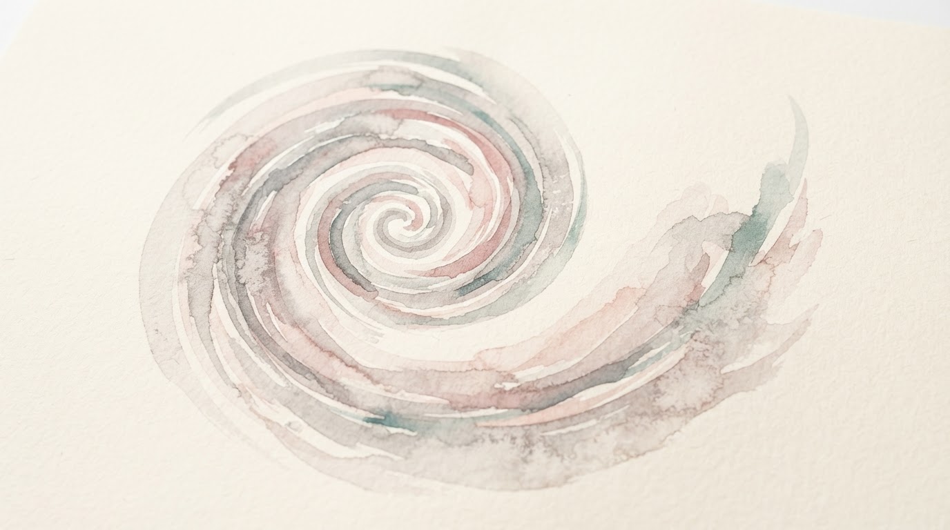 Abstract spiral in soft grey and rose on cream, watercolor