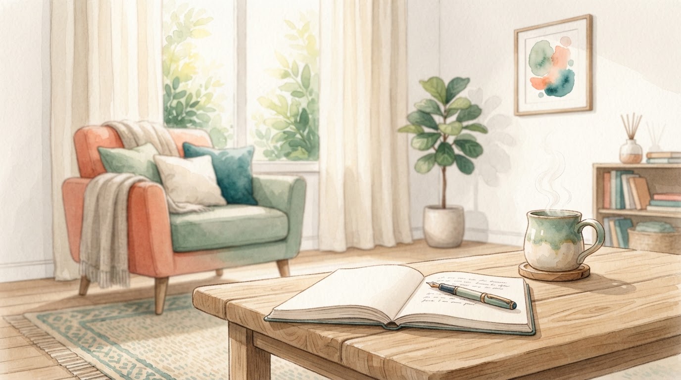 Une table en bois chaleureuse avec un carnet de notes ouvert et une tasse de thé fumante, symbolisant la clarté et l'écoute thérapeutique