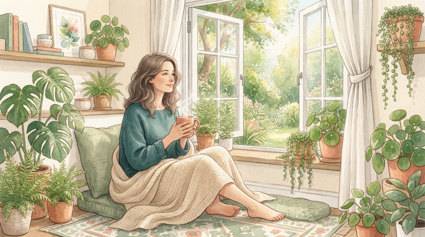 Une personne sereine assise près d'une fenêtre lumineuse regardant des plantes vertes en pot, illustrant l'apaisement intérieur