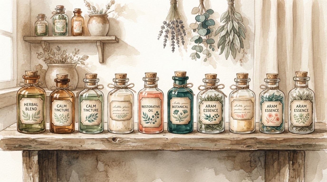Row of small labeled bottles on wooden shelf, sepia watercolor