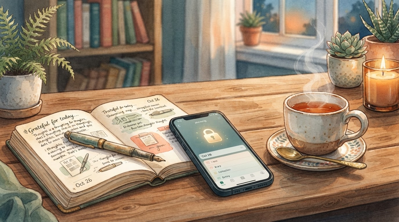 Защищенный дневник мыслей на смартфоне в теплом свете настольной лампы
