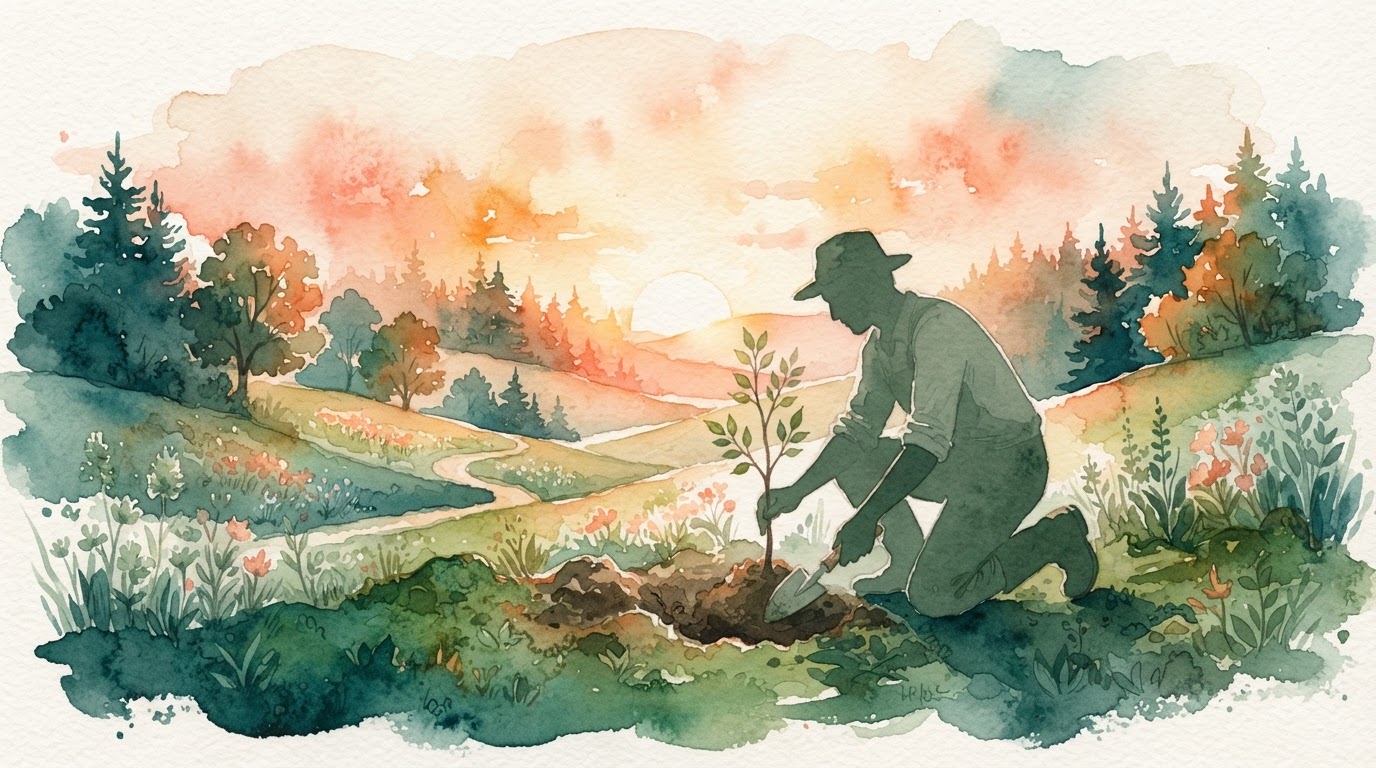 Silhouette planting a sapling at sunrise, warm green watercolor