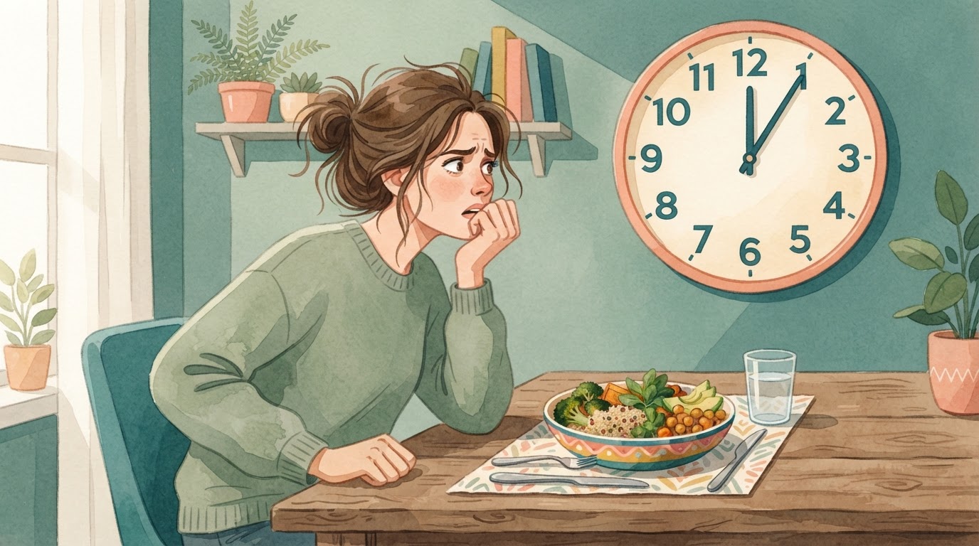 Тревожный человек смотрит на часы на стене, в то время как на столе стоит вкусная еда вне досягаемости