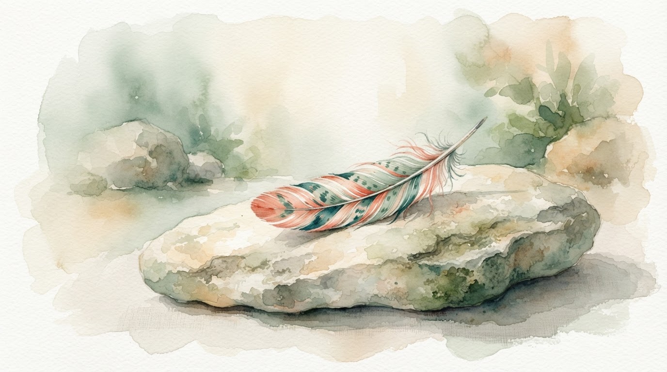 Delicate feather on stone in soft light, muted watercolor