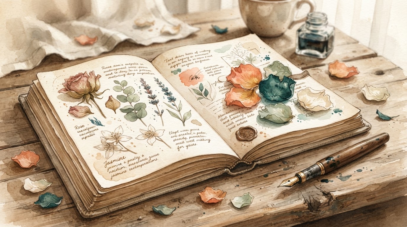 Vintage cream notebook open on wood with fountain pen and dried petals, warm sepia watercolor