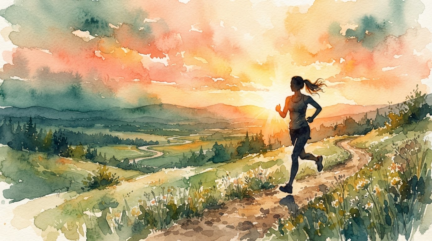 Runner silhouette in dawn light, warm gold watercolor