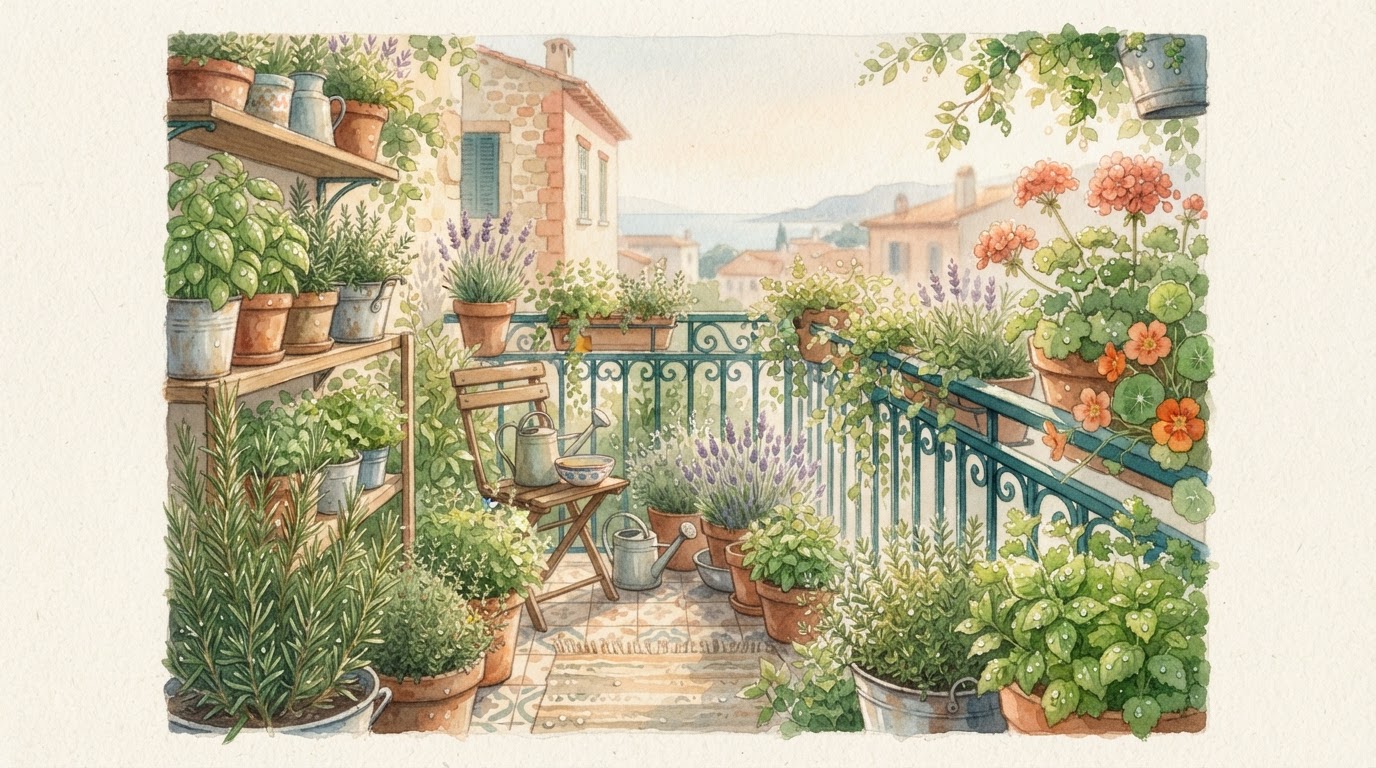 Balcony garden with herbs and sunlight, dew drops, warm green watercolor