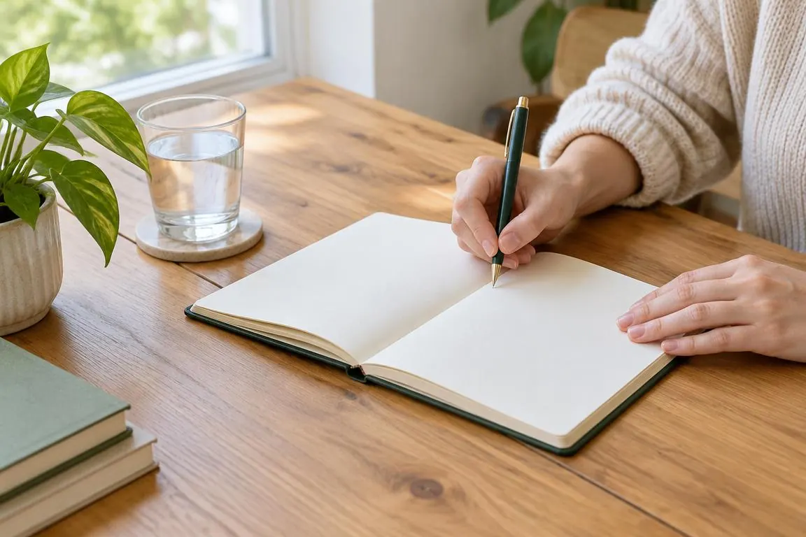Manos escribiendo en un cuaderno junto a un vaso de agua