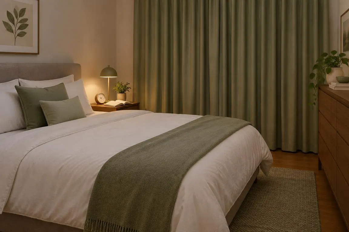 Ein Schlafzimmer für einen ruhigen Abend mit Nachttischlampe und Buch